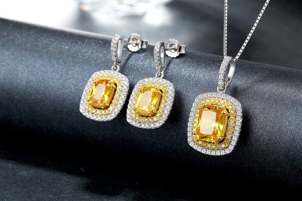 Rhodium plated 925 Sterling Silver Yellow Crystal and Zirconia Moon Light Lover Earring & Necklace Set