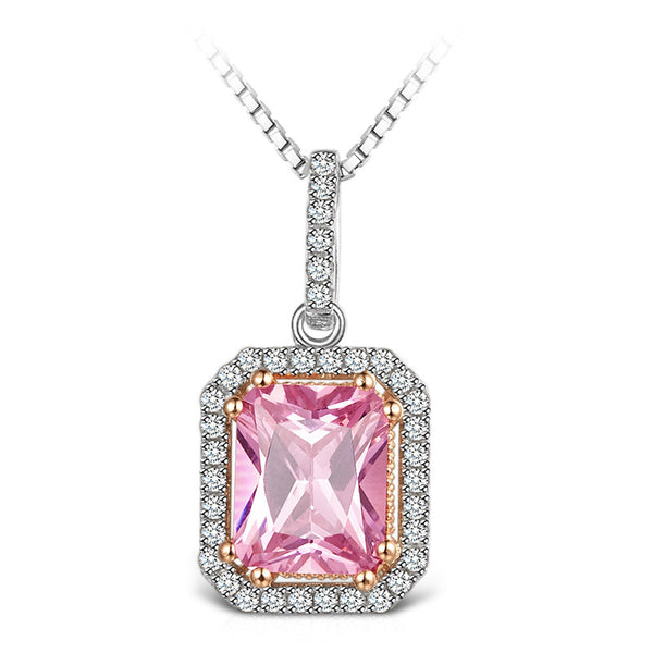 Rhodium Plated 925 Sterling Silver, Rectangular Modern Lady Necklace, Pink