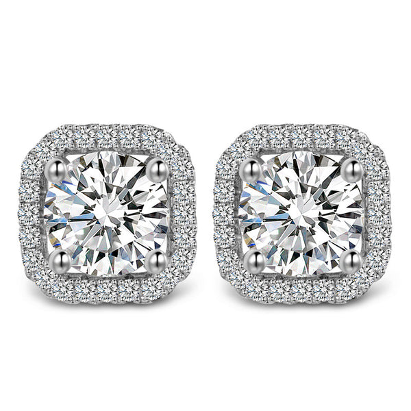 925 Sterling Silver Pure Brilliant Cut Square Victoria Halo Earrings