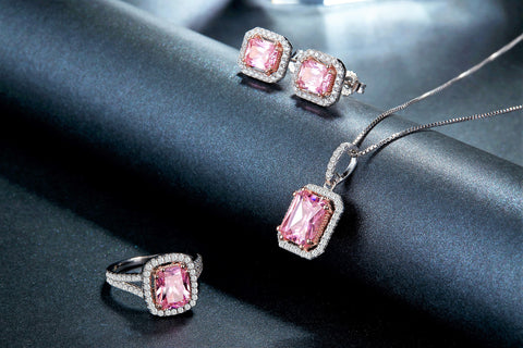 Rhodium plated 925 Sterling Silver Pink Crystal and Zirconia Modern Lady Earring & Necklace Set