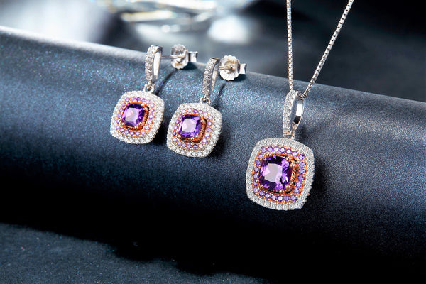 Rhodium Plated 925 Sterling Silver Purple Crystal Remember Me Earring & Necklace Set