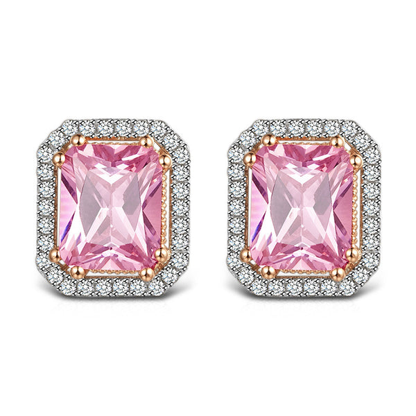 Rhodium plated 925 Sterling Silver Rectangular Modern Lady Stud Earring, Pink.